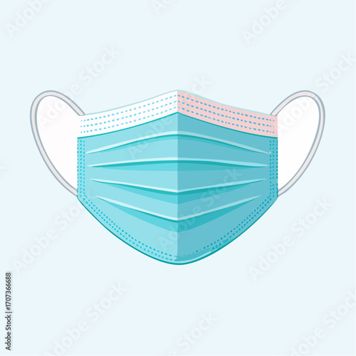 Clean flat vector of a medical face mask in close-up, showing detailed folds and ear loops, simple healthcare icon style