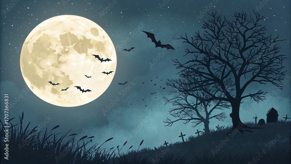Fototapeta premium Spooky Halloween Night Scene Full Moon Bats Cemetery and Bare Tree Silhouette