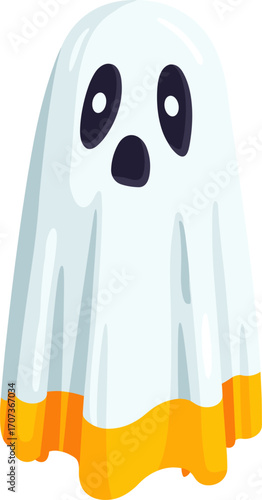Cute ghost wearing a white sheet isolated on transparent background. Vector illustration.