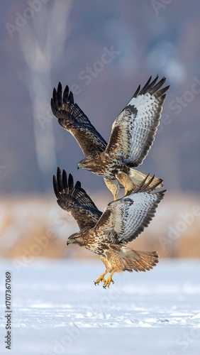 Two birds of prey in flight over snow