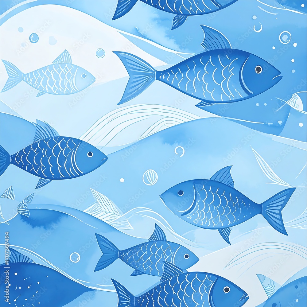 Naklejka premium Blue fish swimming in wavy, watercolor-style ocean