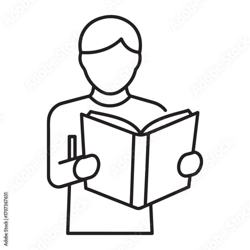 Gender-Neutral Reading Book Icon in Minimalist Line Art: Suitable for Education and Library Interface Use