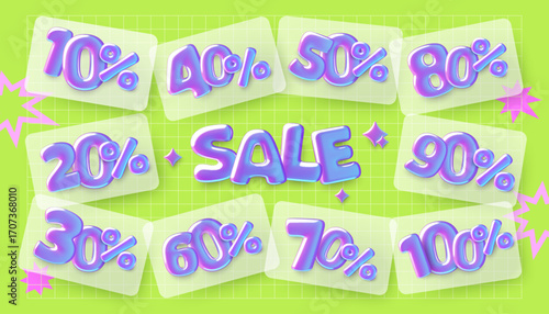 3d Sale tags with purple holographic numbers and percentage off. Discount signs Vector designs collection in playful cartoon style. 
