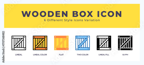 Wooden box icon set. outline. glyph black. flat color and filled line color