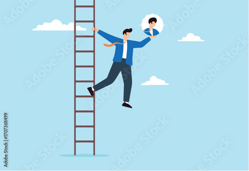 Recruiter climbing ladder reaching candidate profiles ascending to best hire progressive recruitment step-by-step hiring