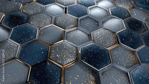 Close-up of hexagon tiles with metallic accents and sparkling, speckled interiors