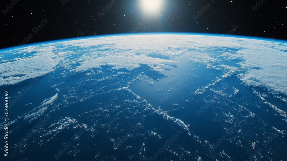 Fototapeta premium A breathtaking view of Earth from space. The glowing horizon meets the vast ocean beneath. Explore the beauty of our planet. Generative AI