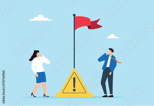Thoughtful businessman and businesswoman look at red flag warning, illustrating careful in business or economic disaster. Concept of advice, notice, or alert for potential threats or risks