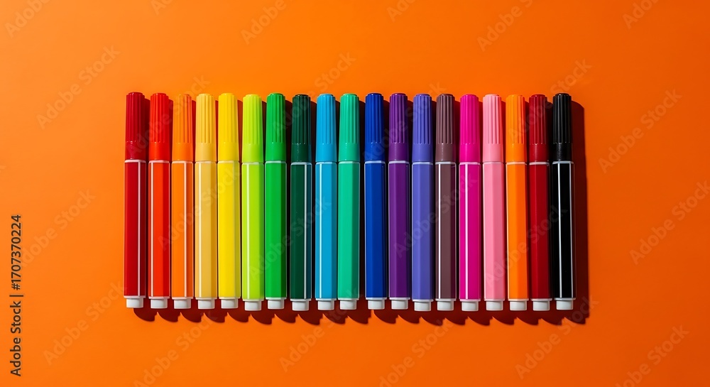 Fototapeta premium Colorful marker pens arranged in a rainbow gradient on a bright orange background.