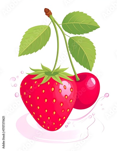 Wallpaper Mural Two juicy, red berries, a strawberry and a cherry, appear to be floating in a swirl of pink liquid.  Green leaves and stems connect the fruits Torontodigital.ca