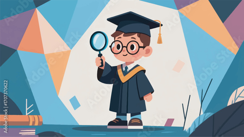 illustration of a small child wearing a graduation gown and glasses holding a magnifying glass vector design template