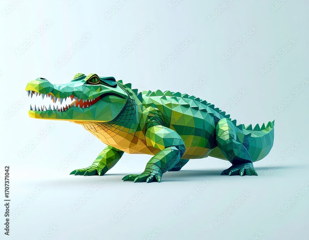 Fototapeta premium A powerful alligator, created in a vibrant, low poly geometric style. This modern 3D illustration of the reptile predator symbolizes strength and wild nature.