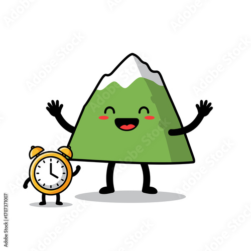 Cartoon mountain character with happy face and clock
