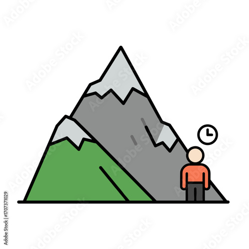 Mountain range illustration with person and clock