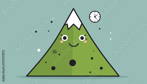 Minimal cartoon mountain with clock and cute face