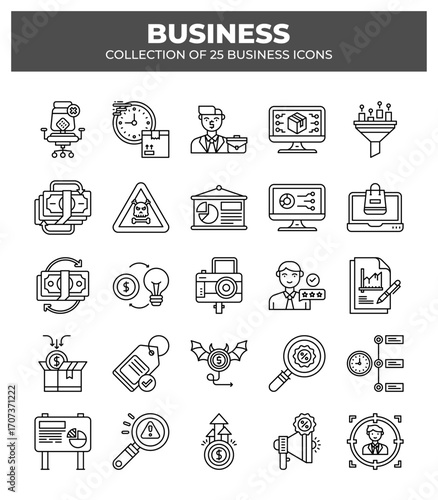 Collection of 25 Business Icons: Marketing. Finance. and E-commerce Line Art Graphics