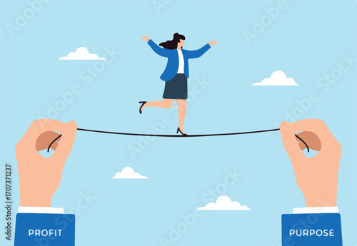 Businesswoman balancing on tightrope between Profit and Purpose concept ethical business practices values and trade-offs