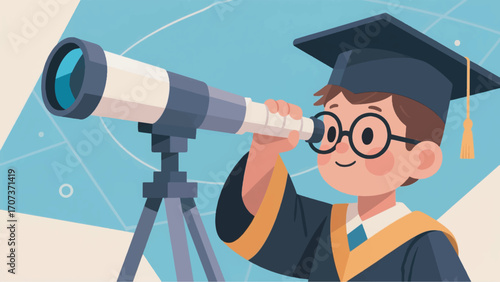 illustration of a small child wearing a graduation gown looking through a telescope vector design template