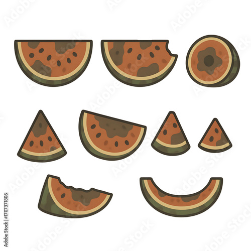 set of Rotten Watermelon Slices Cute Cartoon Vector Illustration, Watermelon Decay Stages Fun Minimalist Vector Icons, Spoiled Watermelon Pieces Hand-Drawn Food Waste