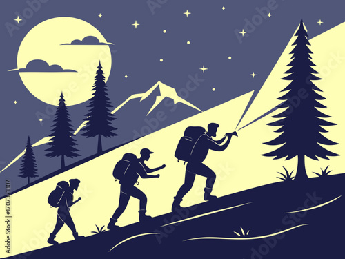a group of hikers with backpacks walking along a mountain trail under a dark blue starry sky, each holding glowing flashlights that create bright light beams lifestyle, sport, hiking