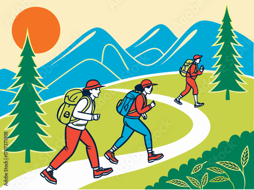 Three hikers with backpacks walking together on a winding trail, bright blue sky with a warm orange sun lifestyle, sport, hiking