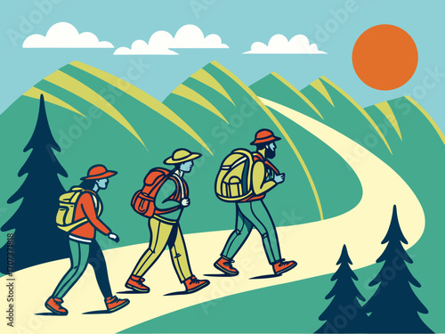 Three hikers with backpacks walking together on a winding trail, bright blue sky with a warm orange sun lifestyle, sport, hiking