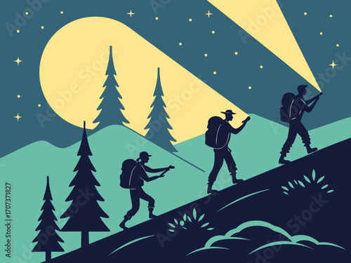 a group of hikers with backpacks walking along a mountain trail under a dark blue starry sky, each holding glowing flashlights that create bright light beams lifestyle, sport, hiking