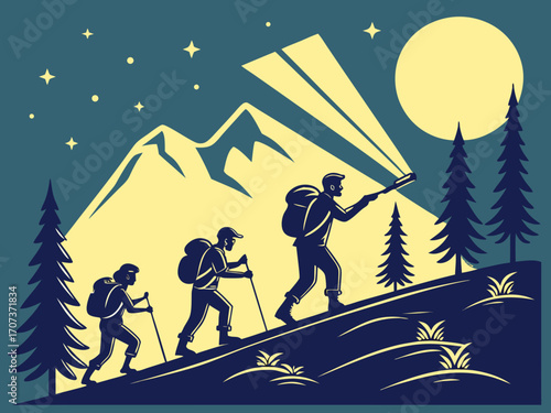 a group of hikers with backpacks walking along a mountain trail under a dark blue starry sky, each holding glowing flashlights that create bright light beams lifestyle, sport, hiking
