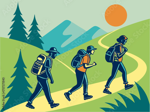 Three hikers with backpacks walking together on a winding trail, bright blue sky with a warm orange sun lifestyle, sport, hiking