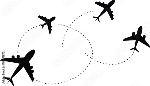 Four black airplane silhouettes with dashed flight paths
