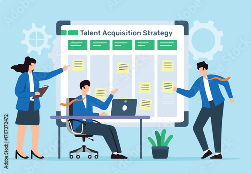 Vector illustration of business professionals collaborate on talent acquisition strategy using sticky notes on whiteboard
