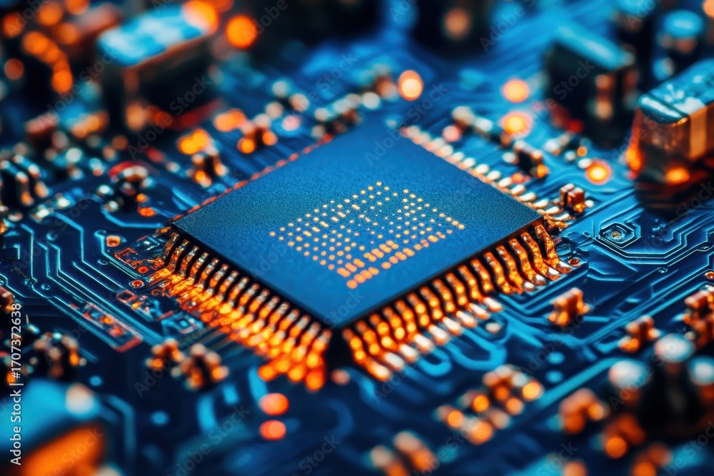 Obraz premium Close-up view of a microchip on a circuit board illuminated by blue lights
