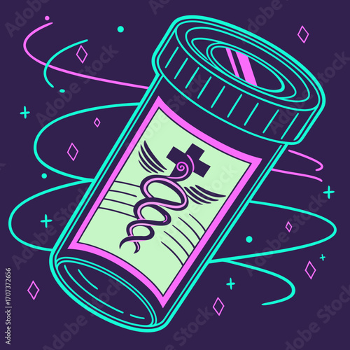 A neoncolored medicine bottle with caduceus on a dark background design
