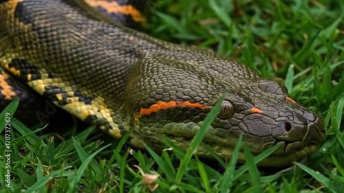 Close-Up Video of Anaconda Resting on Green Grass. AI video