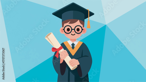 illustration of a cute and smart little boy wearing a graduation gown and glasses vector design template