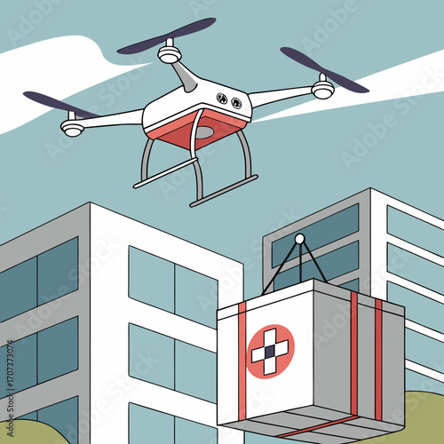 Drone delivering medical supplies to hospital in city environment