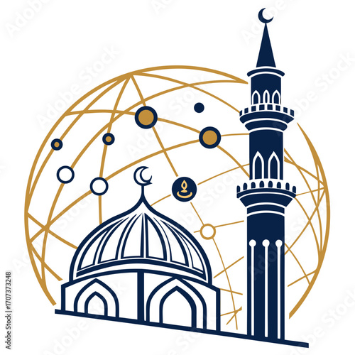 Graphic illustration of a mosque with a minaret and dome on