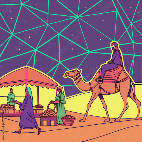 Illustration of a middle eastern market scene with a camel rider
