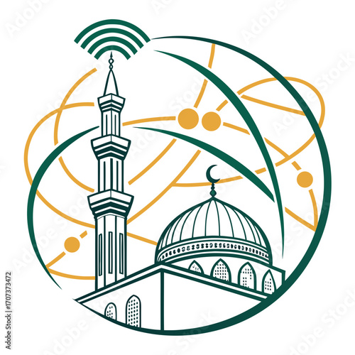 Illustration of a mosque with a minaret and dome