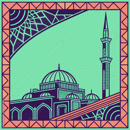 Illustration of a mosque with minaret and dome in a decorative frame
