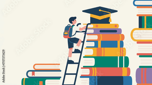 illustration of a boy with a backpack climbing a ladder of books vector design template