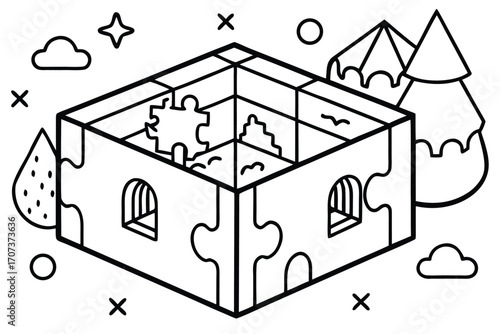 Isometric puzzle box with windows and surrounding abstract shapes