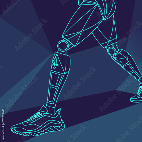 Illustration of robotic legs walking on a dark blue background