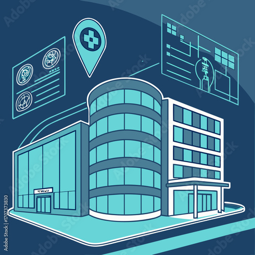 Modern hospital building with advanced technology and medical data display