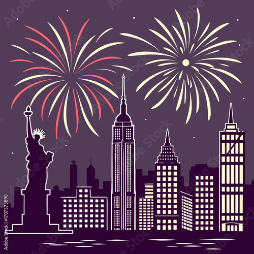 New york city skyline celebrates with fireworks display on independence day