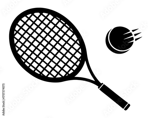 Black and white illustration of a tennis racket and ball in motion