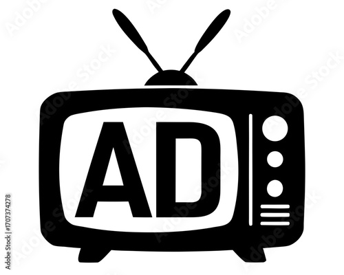Black silhouette of an old television set with antennas and ad on screen