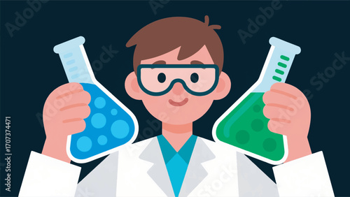 illustration of a boy as a young scientist holding two test tubes vector design template