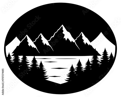 Black and white silhouette of a mountain range reflected in a lake with pine trees in the foreground