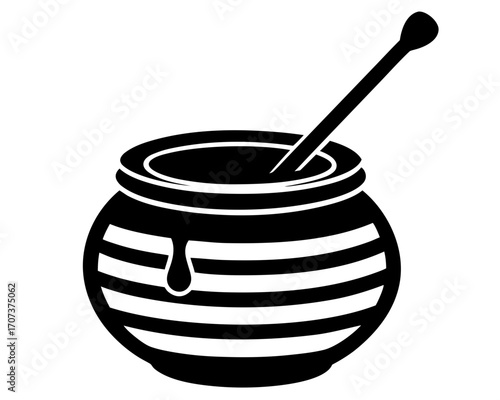 Honey pot with a dipper and dripping honey